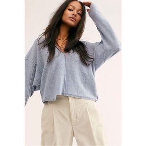 Free People Solitaire Cashmere V Sweater Blue Heather Knit Dolman Sleeve…
